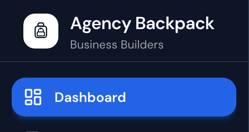 The Agency Backpack sidebar signed in as the Business Builders organization.