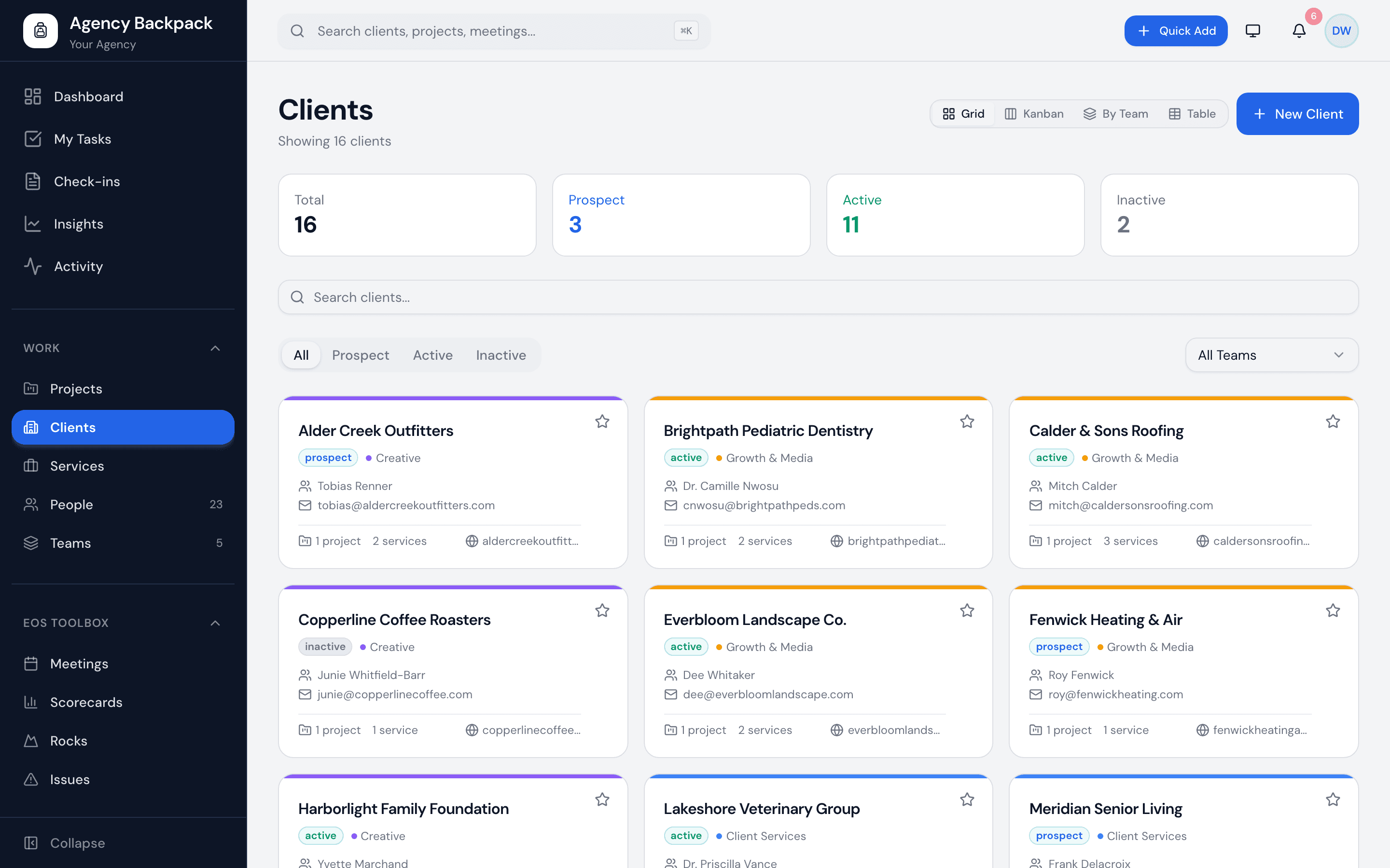 The client list in Agency Backpack with status, team, and project counts.