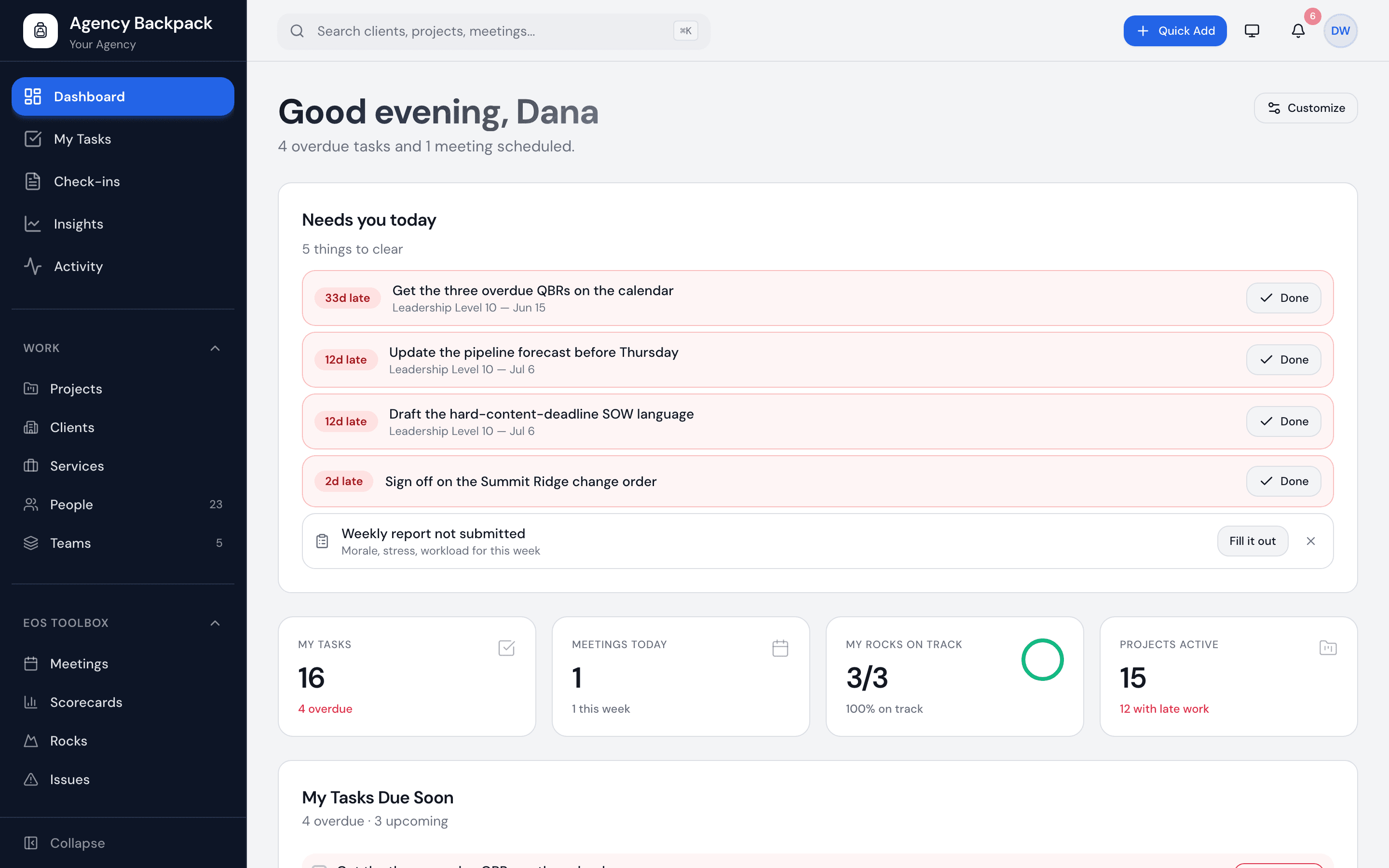 The dashboard opening on a Needs You Today card that lists overdue to-dos pulled from the org's own meetings and projects.