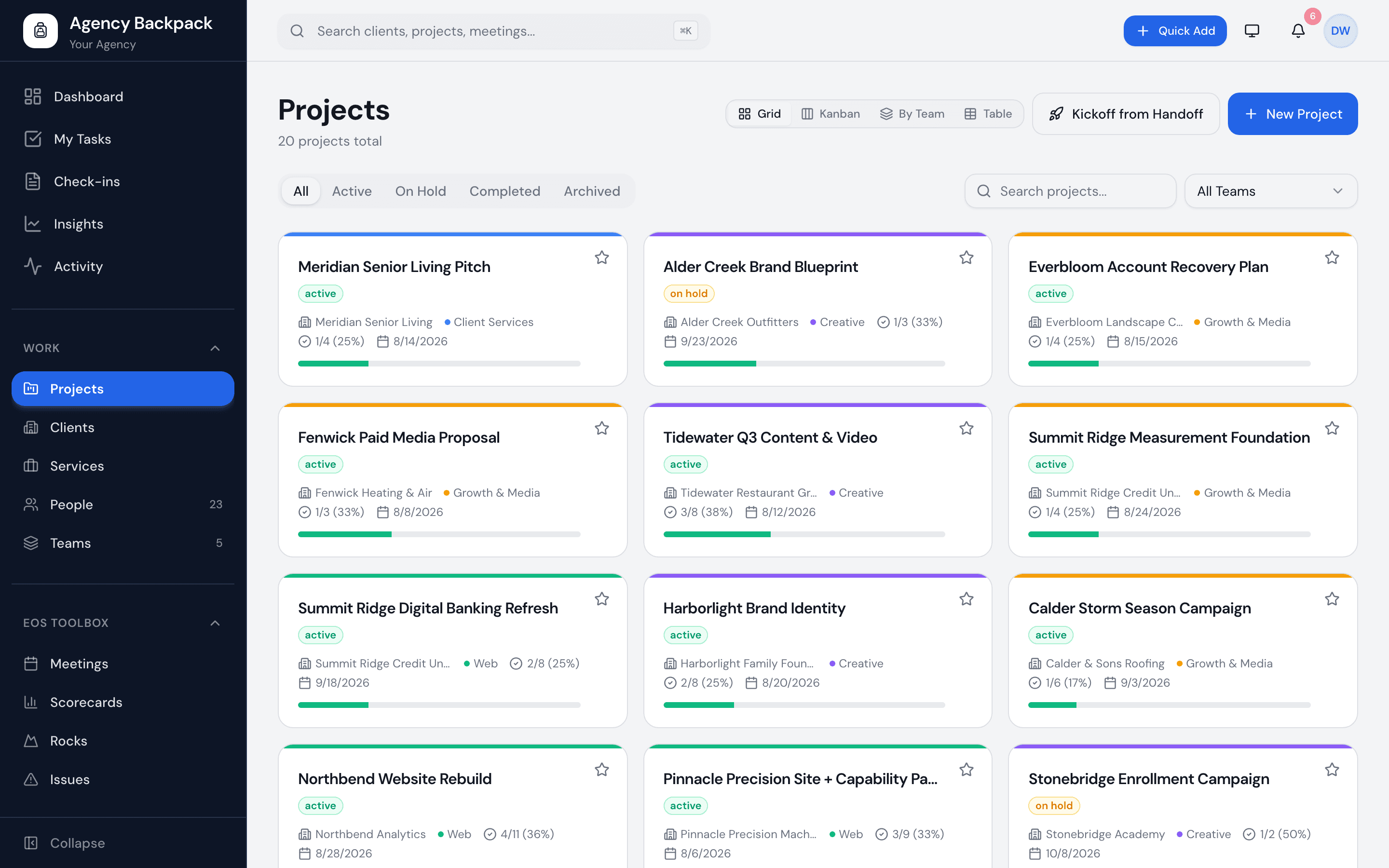 The projects grid showing progress bars, due dates, and team chips across active work.